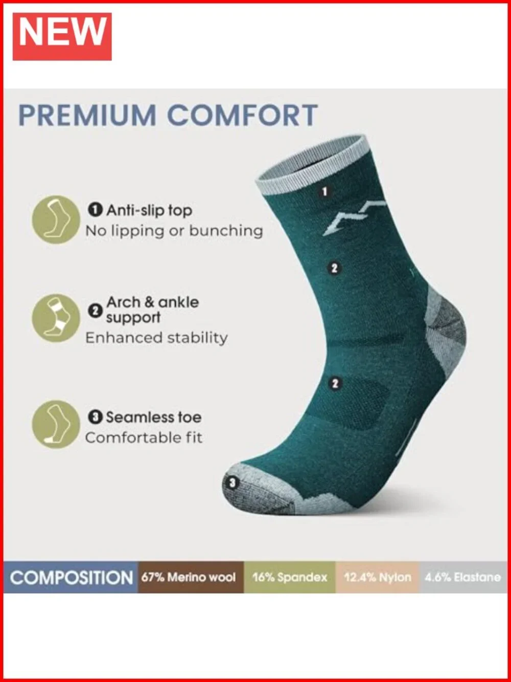 Merino Wool Hiking Socks 3 Pairs Cushioned Arch Support Crew